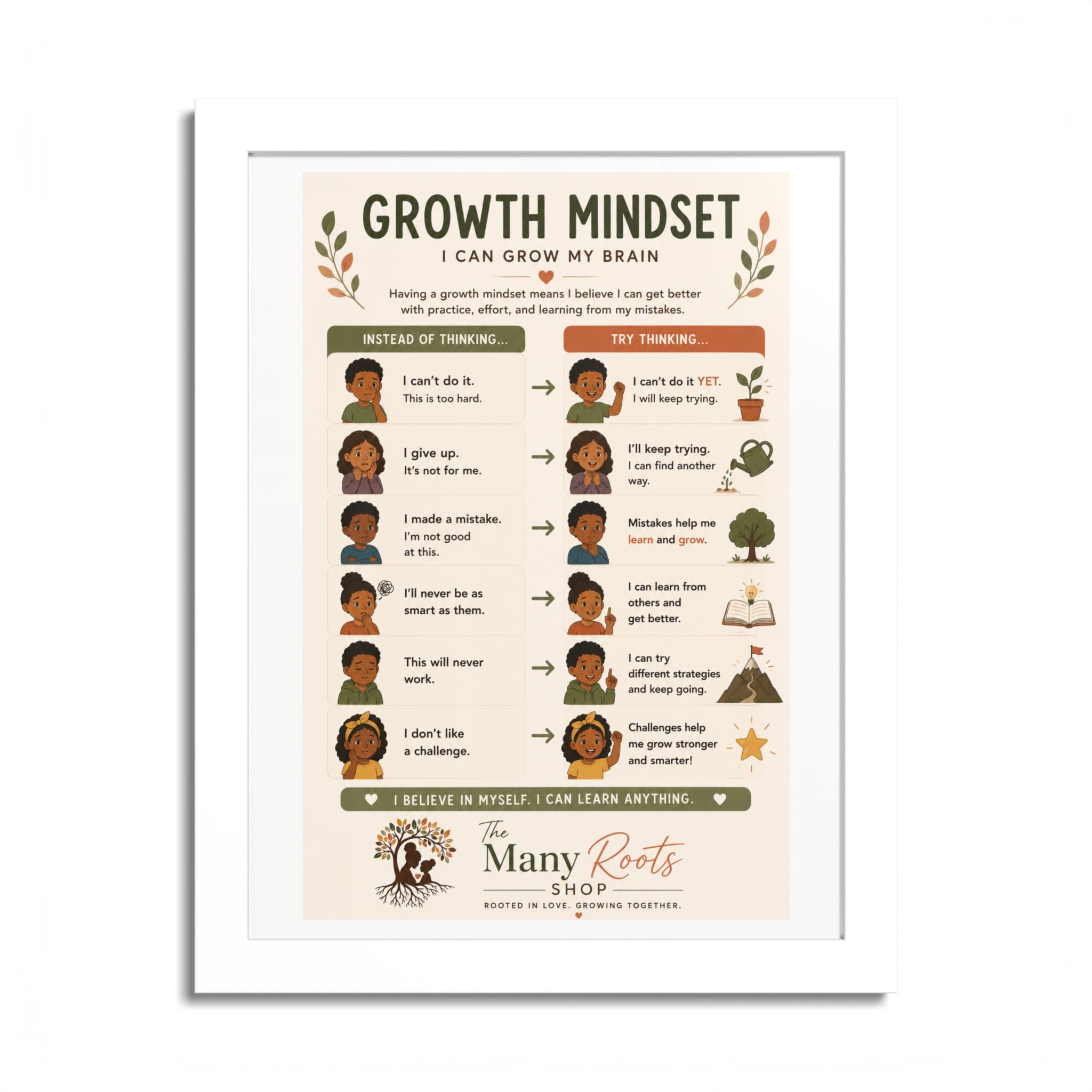 Growth Mindset Poster for Kids | Social Emotional Learning (SEL) Wall Art | Classroom & Playroom Decor | Framed Nursery Print