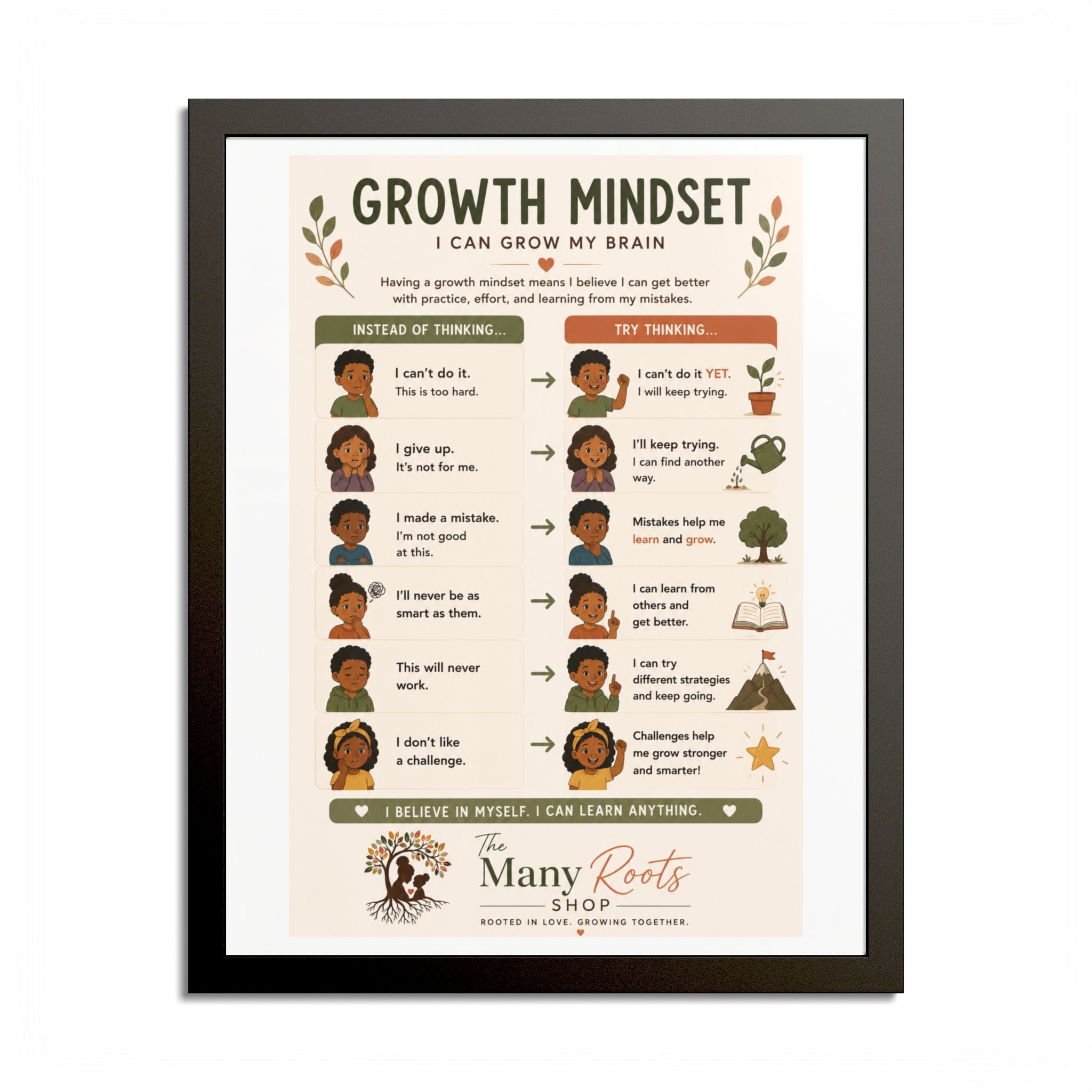 Growth Mindset Poster for Kids | Social Emotional Learning (SEL) Wall Art | Classroom & Playroom Decor | Framed Nursery Print