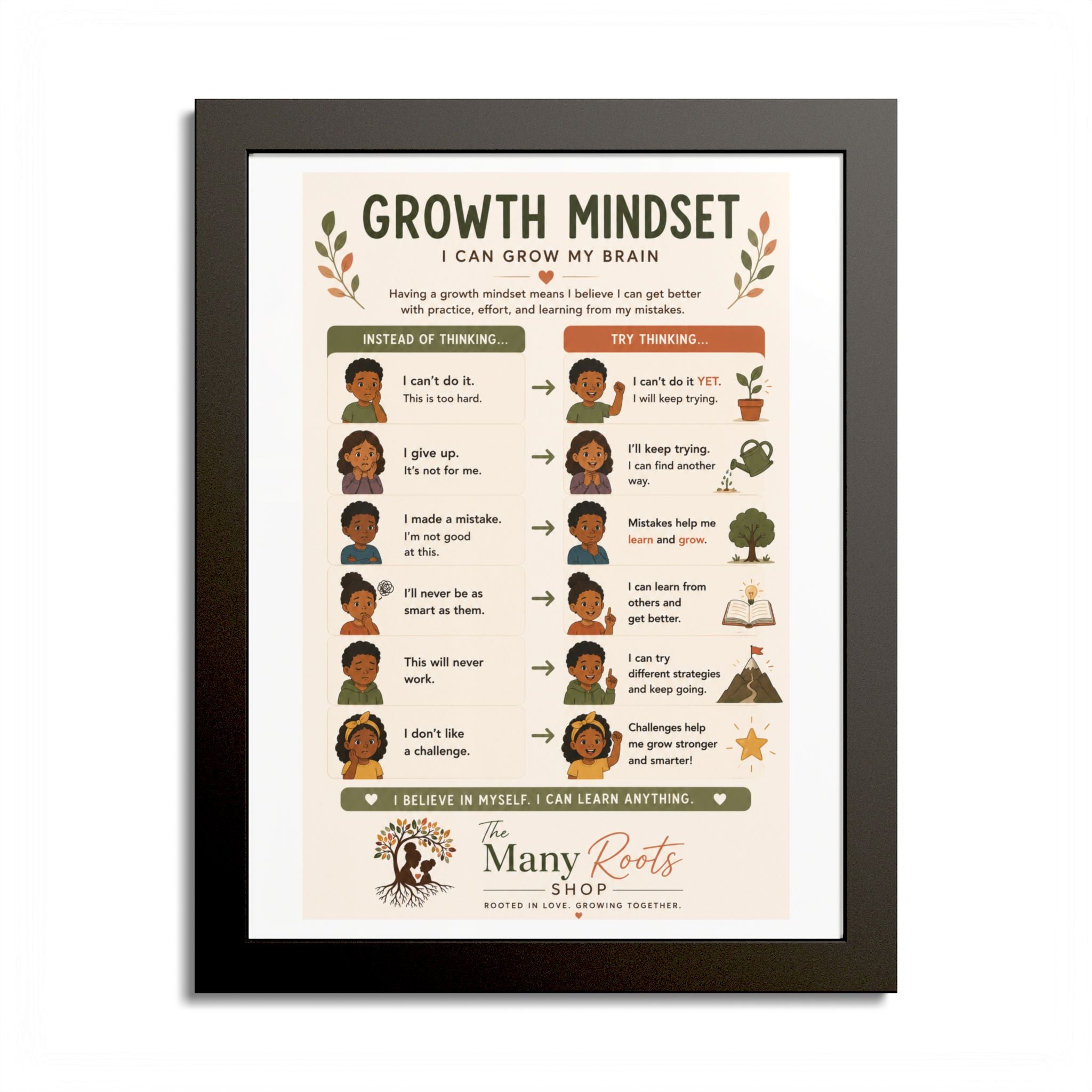 Growth Mindset Poster for Kids | Social Emotional Learning (SEL) Wall Art | Classroom & Playroom Decor | Framed Nursery Print
