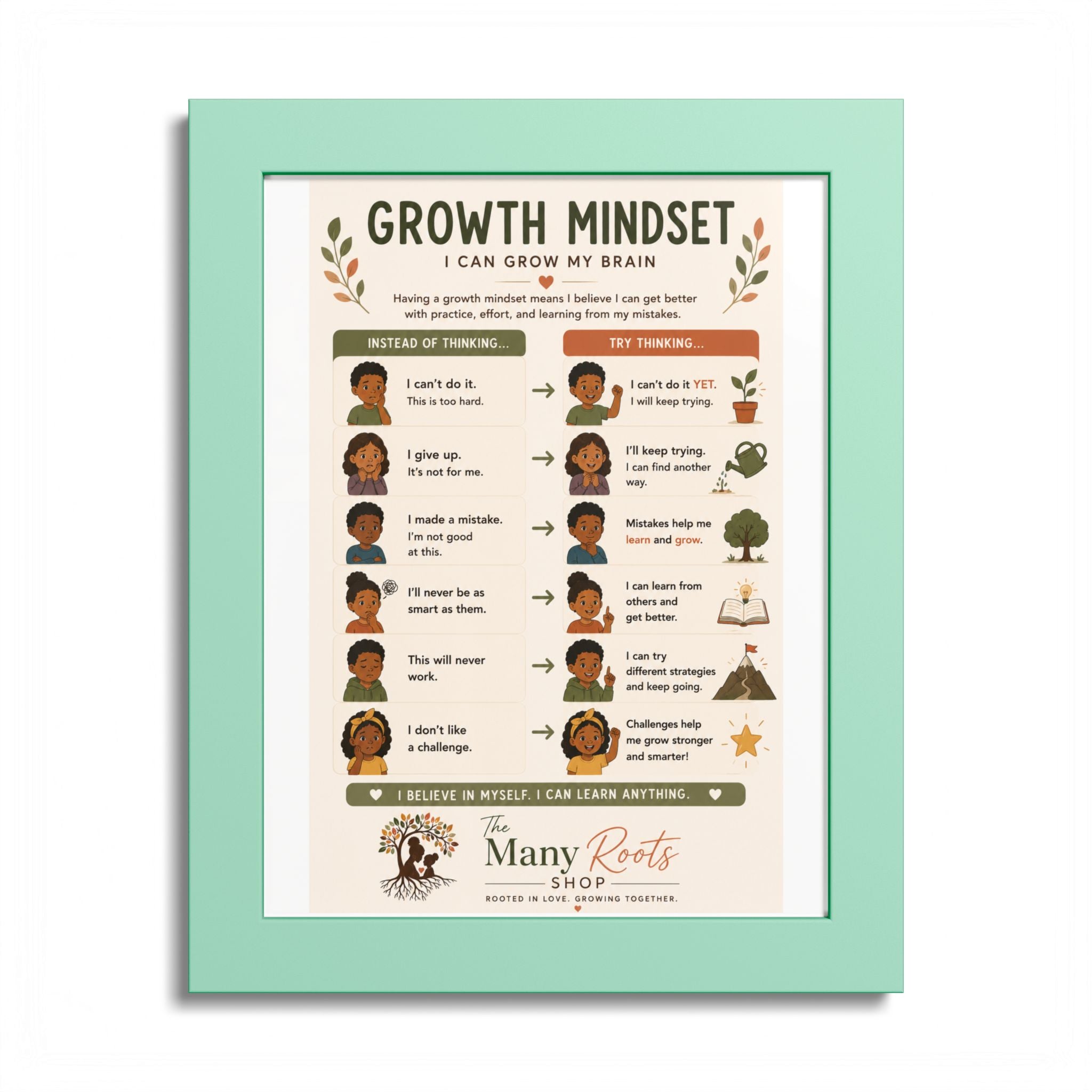 Growth Mindset Poster for Kids | Social Emotional Learning (SEL) Wall Art | Classroom & Playroom Decor | Framed Nursery Print