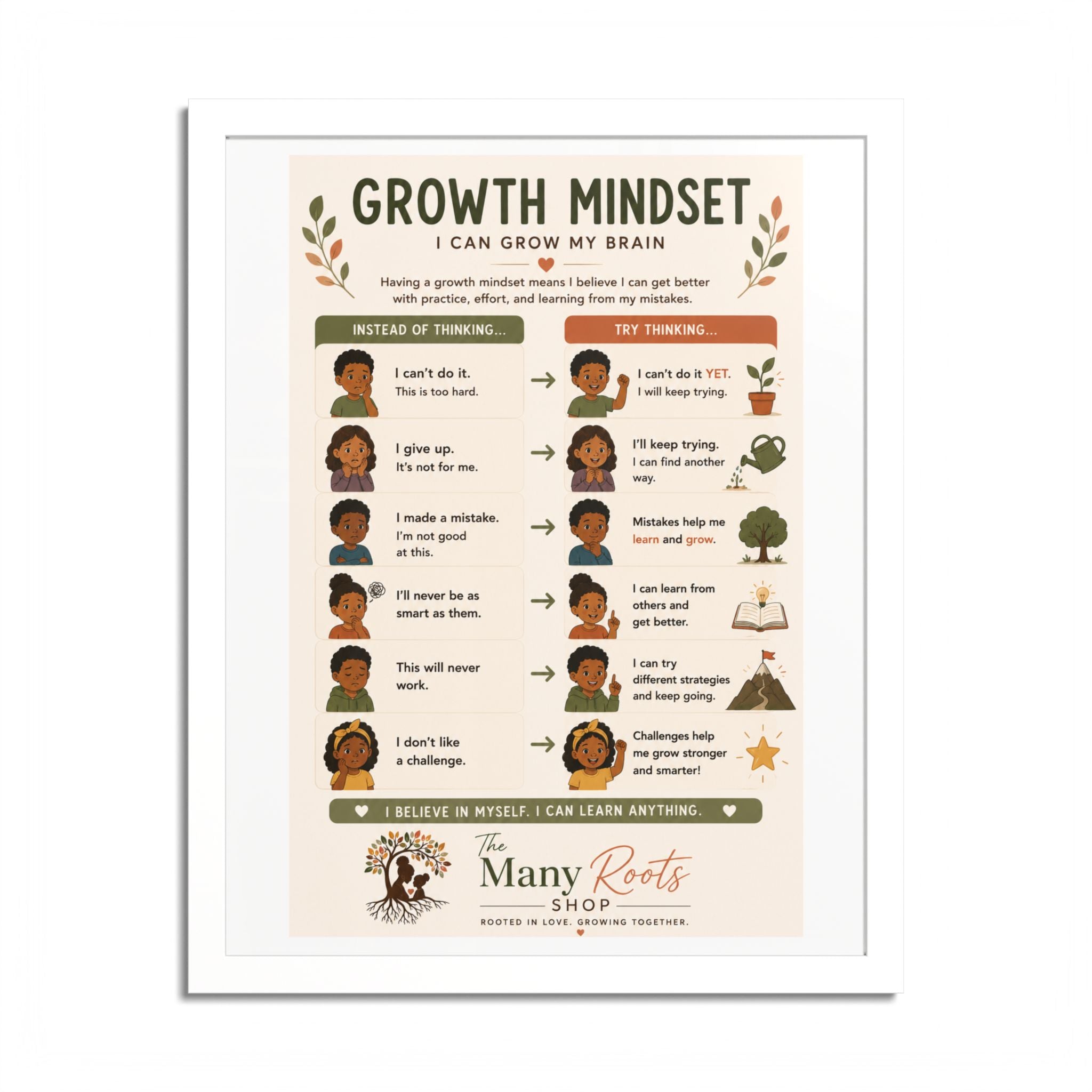 Growth Mindset Poster for Kids | Social Emotional Learning (SEL) Wall Art | Classroom & Playroom Decor | Framed Nursery Print
