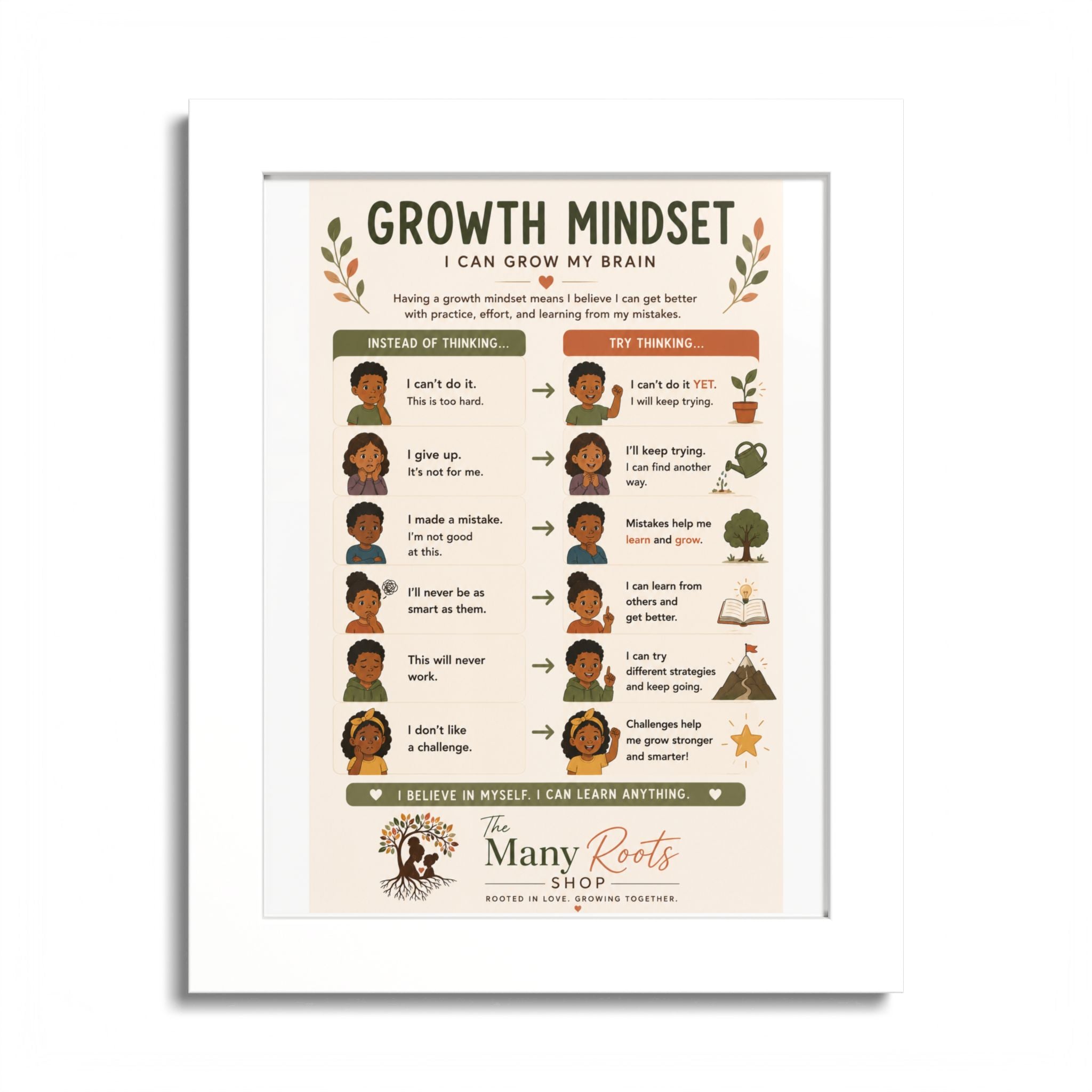 Growth Mindset Poster for Kids | Social Emotional Learning (SEL) Wall Art | Classroom & Playroom Decor | Framed Nursery Print