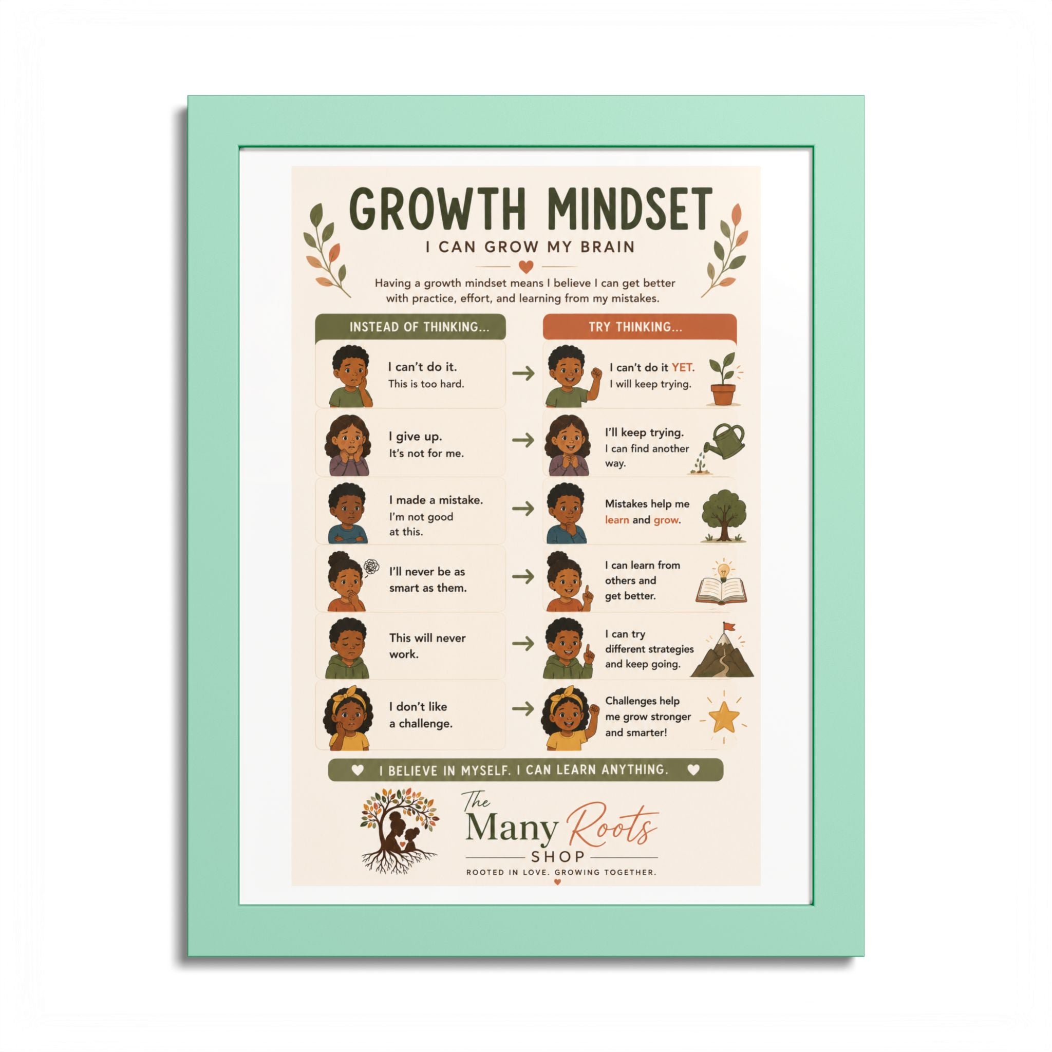 Growth Mindset Poster for Kids | Social Emotional Learning (SEL) Wall Art | Classroom & Playroom Decor | Framed Nursery Print