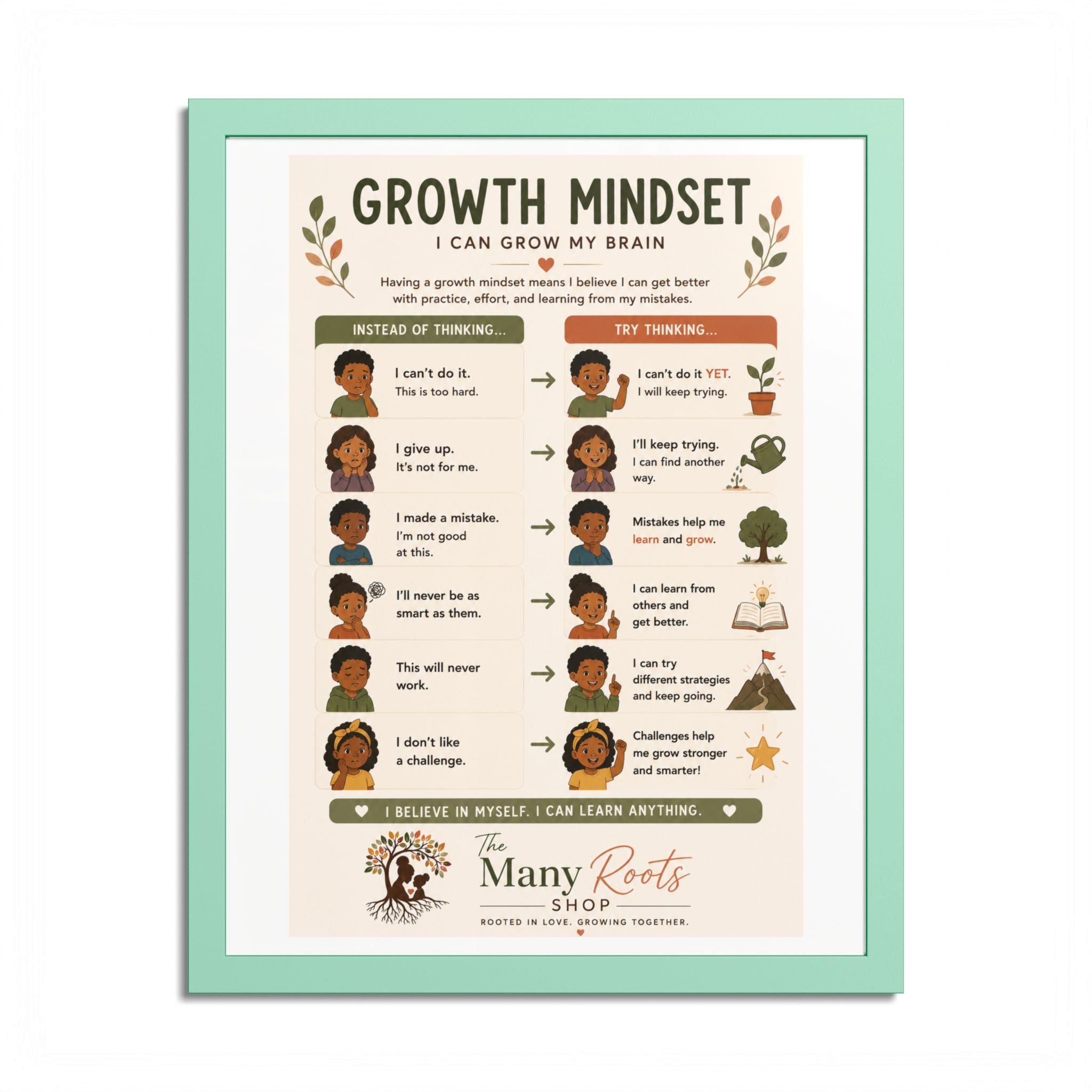 Growth Mindset Poster for Kids | Social Emotional Learning (SEL) Wall Art | Classroom & Playroom Decor | Framed Nursery Print